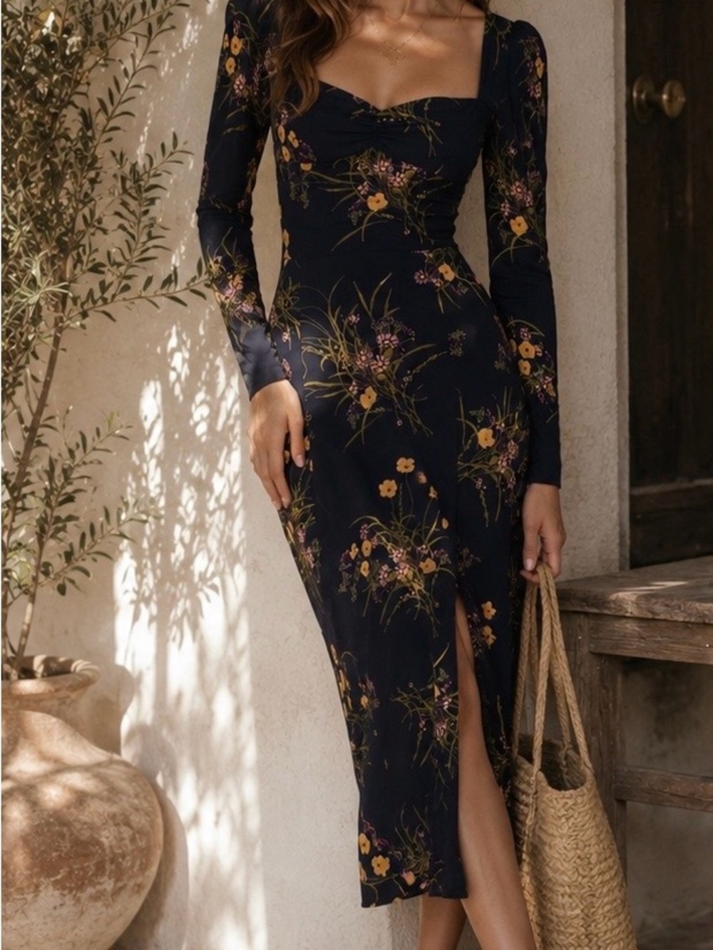 REFORMATION Boho Wallflower Midi Dress Navy Long Sleeve Slit Sweetheart Size 0 - Picture 2 of 16